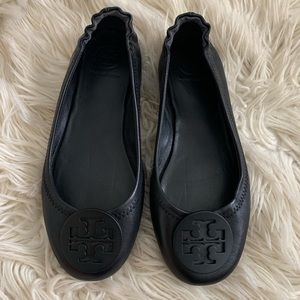 Tory Burch Minnie Travel Ballet Flats All Black Leather